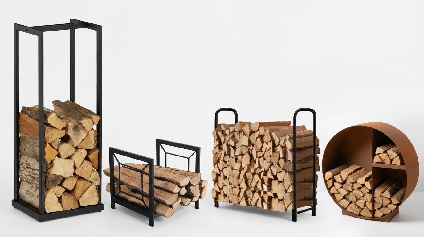 Different firewood rack types for indoor and outdoor log storage